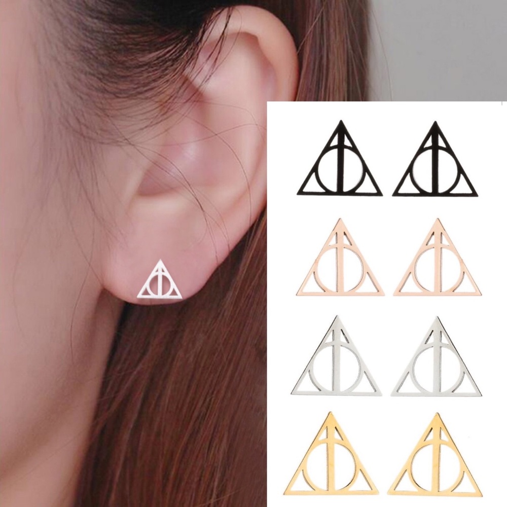 Harry Potter Deathly Hallows Triangular Stud Earrings - Picture 1 of 11